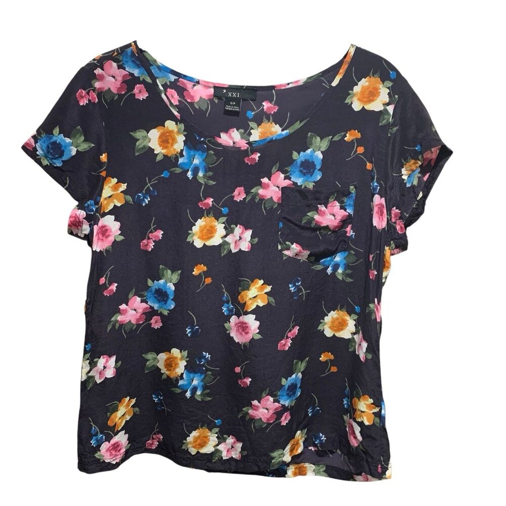 XXI Womens Navy Blue Floral Short Sleeve Boho Semi Sheer Silk Top S Cottagecore